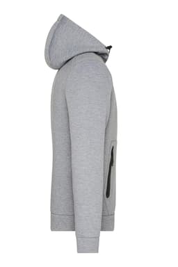 A grey hooded jacket featuring a zip pocket, showcasing a side view design.