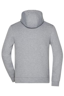 A grey men's hooded jacket with long sleeves and a back view, featuring a hood and a logo.