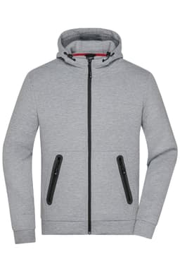 A grey mens hooded jacket featuring a zip front and side pockets with black zippers. It has a logo on the chest.