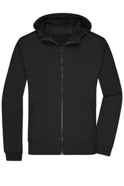 A black men's hooded softshell jacket with a zip front, featuring pockets and a hood. It includes a logo.