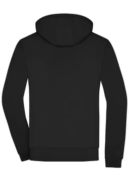 A black men's hooded softshell jacket featuring a smooth, simple design with a hood and long sleeves.