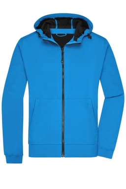 A men's hooded softshell jacket in vibrant blue, featuring a black interior and a zipper front.