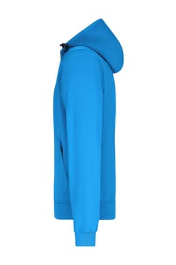 A hooded softshell jacket in vibrant blue, featuring a sleek side view and a minimalistic design.