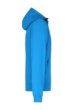 A bright blue men's hooded softshell jacket with a side view, featuring a zip and a logo.