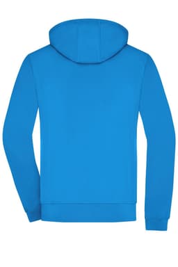 A blue men's hooded softshell jacket featuring a plain back design and a hood. It includes a logo.