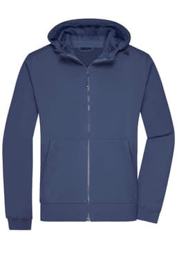 A men's hooded softshell jacket in navy blue featuring a front zip and a logo.