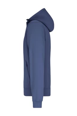 A mens hooded softshell jacket in navy blue, featuring a logo and designed with a side zip pocket.