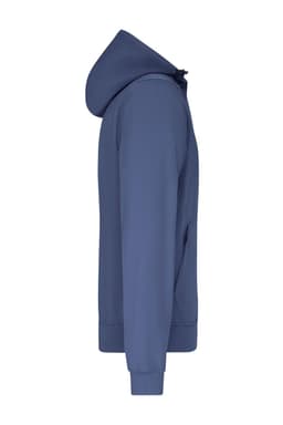 A navy men's hooded softshell jacket featured in a side view, with a logo on the garment.