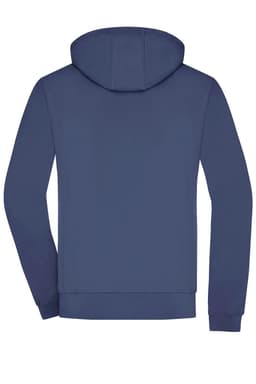 A navy softshell jacket with a hood, featuring a solid design and a logo on the back.