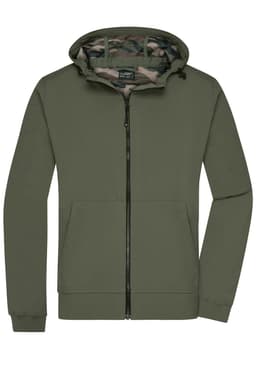 A men's hooded softshell jacket in olive green with a camouflage-patterned lining and a front zip.