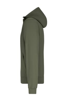 A men's hooded softshell jacket in olive green, featuring a hood and side pockets. Includes a logo on the chest.
