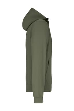A softshell jacket in olive green with a hood, featuring a side view design and a logo.