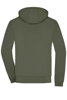 A men's hooded softshell jacket in olive green, featuring a back view and a logo on the fabric.