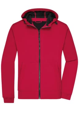 A red men's hooded softshell jacket with a zip front and black interior lining. Features a logo.