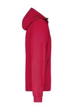 A red men's hooded softshell jacket displayed from the side, featuring a hood and a logo.