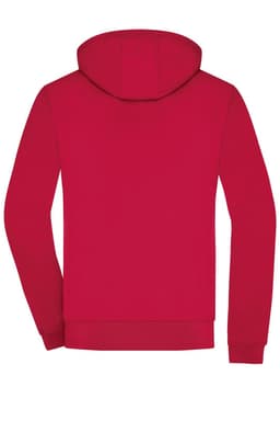 A red men's hooded softshell jacket with a plain back view and a fitted design. It features a hood.