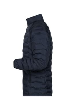 A navy men's modern padded jacket with a side profile view, featuring a quilted design and high collar.