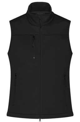 A black ladies' softshell vest featuring a zip front and pockets, with a collar and a logo.