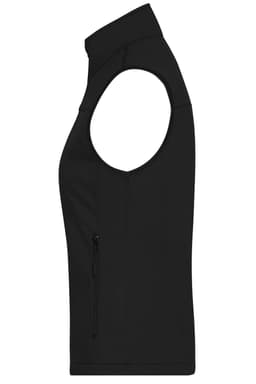 A black ladies' softshell vest featuring a high collar and a side zip pocket. It has an armhole design without sleeves.