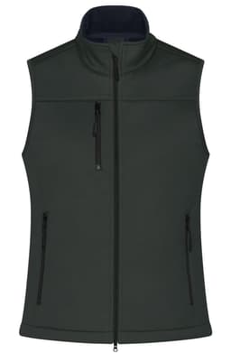 A dark green ladies softshell vest with multiple zip pockets and a high collar, featuring a logo.