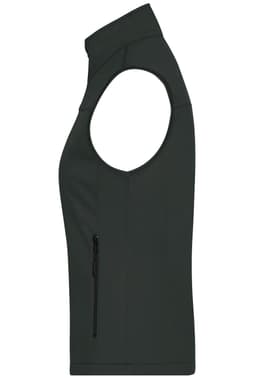 A dark green ladies softshell vest with a zip pocket and a sleeveless design. It features a logo on the fabric.