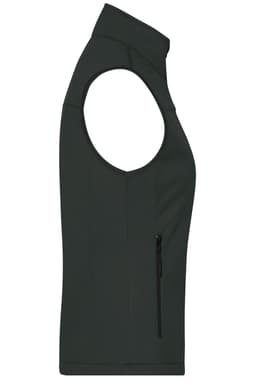 A dark green ladies softshell vest featuring a zippered pocket and a sleeveless design.