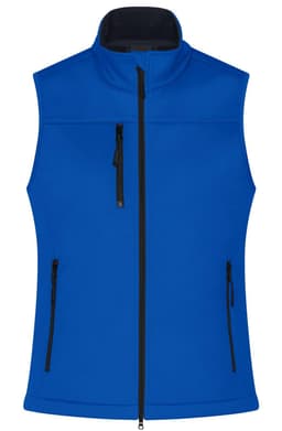A blue ladies softshell vest with a high collar and zippered pockets, featuring a logo.