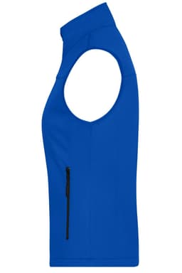 A blue ladies softshell vest featuring a zip pocket and a sleeveless design. It has a logo on it.