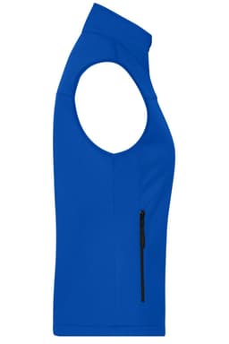 A blue ladies softshell vest with a zippered pocket, featuring a sleeveless design and a collar.