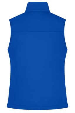 A blue ladies softshell vest featuring a collar and a logo on the back.