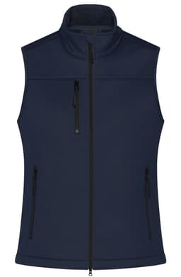 A navy softshell vest with a high collar, featuring zippered pockets and a branded logo.