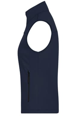A navy softshell vest with a high collar and a zippered pocket on the side. It features a branding logo.