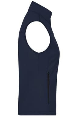 A navy blue softshell vest featuring a side zip pocket and no sleeves. It has a minimalist design.