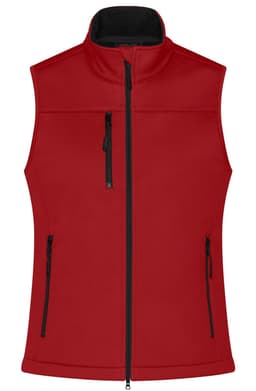 A red ladies softshell vest with a high collar and three zip pockets, featuring a logo on the upper left side.
