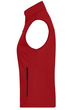 A red ladies softshell vest with a zippered pocket, featuring an armhole design and a high neck.