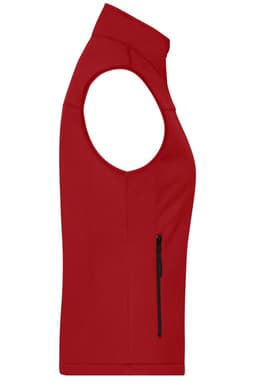 A red ladies softshell vest featuring a zippered pocket and a sleeveless design. It has a logo on the fabric.