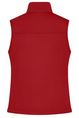 A red ladies softshell vest featuring a zip-up collar and a smooth back design, with a branding logo.