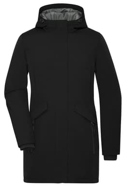 A black ladies' parka featuring a hood, side pockets, and a sleek design, with a logo on the front.