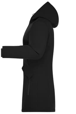 A black ladies business parka with a hood and zipped pockets, featuring a sleek side profile.
