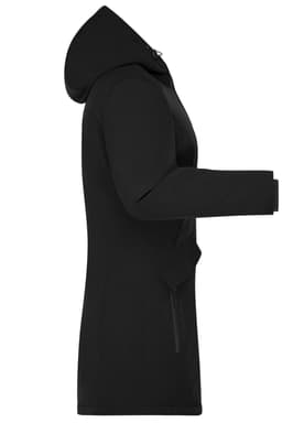 A black ladies business parka with a hood and zippered pockets, featuring a sleek, modern design. It has a logo.