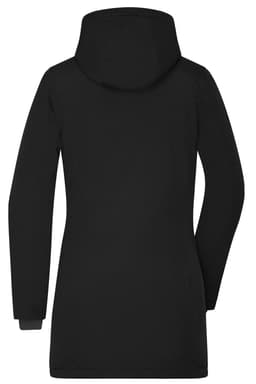 A Ladies Business Parka in black, featuring a hood and a sleek design. Includes a logo on the back.