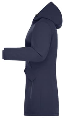 A navy blue ladies business parka with a hood and side pockets, featuring a minimalist design and a branding logo.