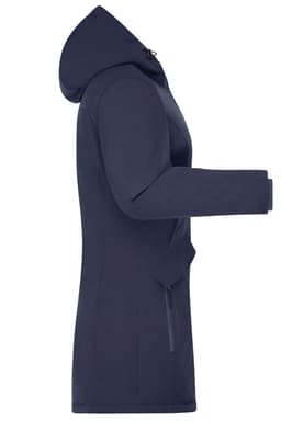 A navy ladies business parka featuring a hood, long sleeves, and side pockets. It has a branding logo.