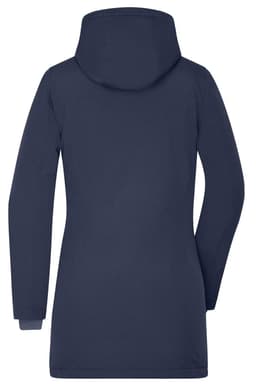 A navy blue ladies business parka with a hood, featuring a sleek, modern design and a logo.