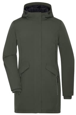 A ladies business parka in dark green with a hood, featuring zippered and snap button pockets. It has a logo.