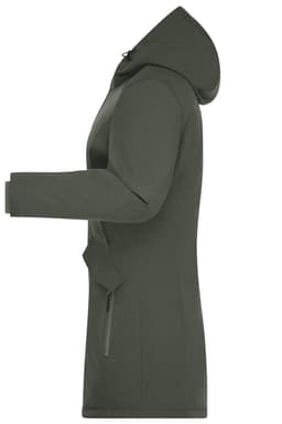 A ladies parka jacket in olive green with a hood and side pockets, featuring a logo.