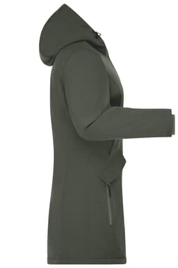 A ladies' rain jacket in olive green with a hood, featuring a side zip and a sleek design. It includes a logo.
