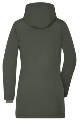 A ladies business parka in dark green, featuring a hood and a sleek, fitted design. The back view highlights its length.