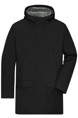 A black men's business parka featuring a hood and two front pockets, with a grey lining.