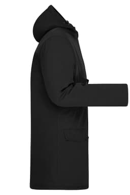 A black men's business parka featuring a hood and a side view showcasing its length and pocket details.